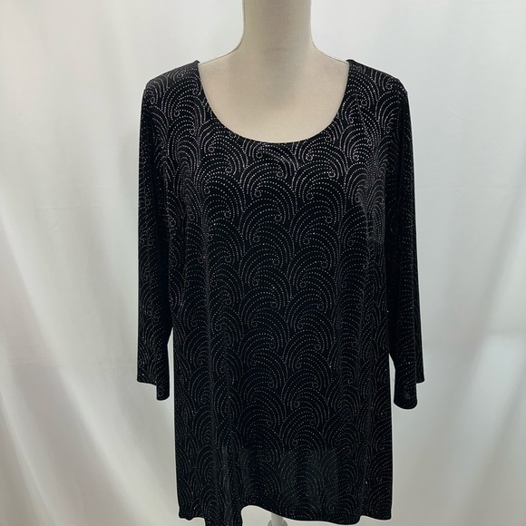 Notations Black Velvet Metallic Top Women’s 1X Hi-Low Long Sleeve Evening Blouse - Picture 8 of 9